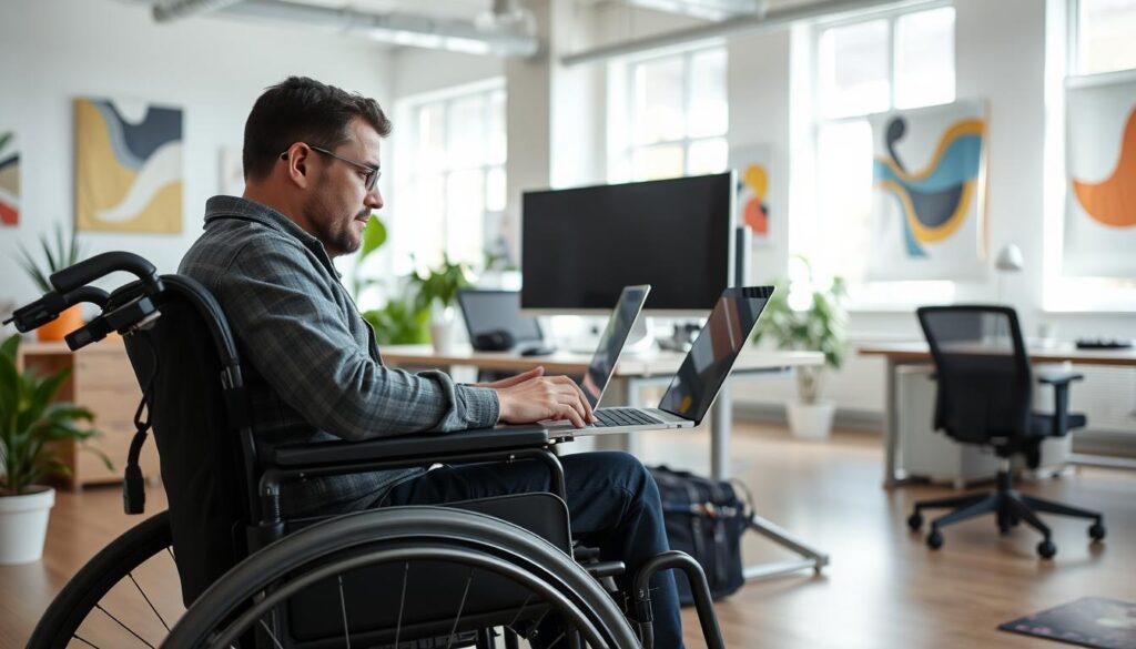 A well-lit office interior with a wheelchair-accessible desk and ergonomic office chair. In the foreground, a person in a wheelchair is working on a laptop, their face in focused concentration. The middle ground features assistive technologies such as a voice-to-text system, a large monitor, and a specialized computer mouse. The background showcases a bright, modern workspace with natural lighting from large windows, plants, and abstract artwork on the walls, conveying a sense of inclusivity and empowerment. The overall scene depicts a supportive, accessible work environment that enables full participation in the workforce.