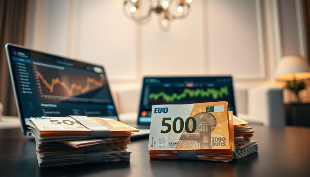 A well-lit, wide-angle photograph of Ralf Möller's net worth, captured with a shallow depth of field. In the foreground, a stack of crisp, freshly printed hundred-euro banknotes, representing the numerical value of his impressive wealth. In the middle ground, a sleek, modern laptop displaying financial data and charts, showcasing the digital assets and investments that contribute to his net worth. The background blurs into a soft, elegant setting, hinting at Möller's luxurious lifestyle and high-profile business ventures. The overall composition conveys a sense of financial success, power, and influence, in line with the subject matter and section title.