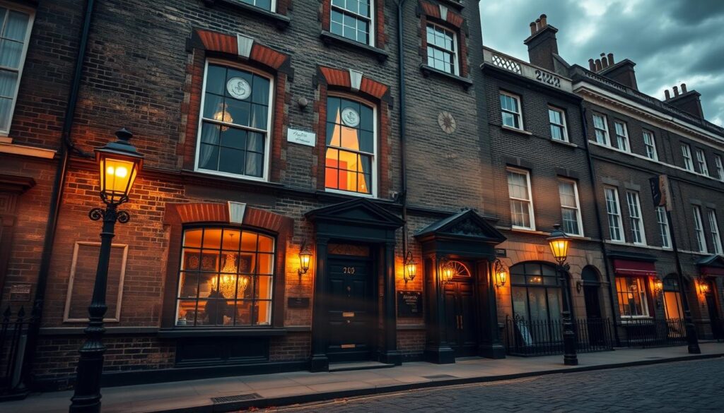 An elegant Victorian townhouse with a distinctive black door, the famous 221b Baker Street Museum stands as a testament to the legacy of Sherlock Holmes. The weathered brick facade and ornate architectural details evoke a bygone era, as if frozen in time. Through the windows, a warm glow emanates, hinting at the mysteries that unfold within. The cobblestone street is illuminated by ornate gaslights, casting a soft, amber light that heightens the sense of historical ambiance. Wispy clouds drift overhead, adding a touch of drama to the scene. This is the iconic setting where the brilliant detective and his loyal companion, Dr. Watson, pursued their most captivating cases, captivating the world's imagination.