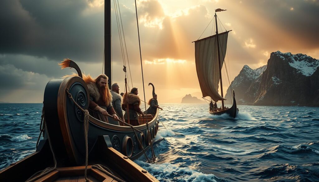 An epic scene of Viking explorers and their voyages. In the foreground, a group of rugged, bearded Viking men stand aboard a sleek, longship with intricate carved prows, their wind-whipped hair and fur-trimmed cloaks billowing in the salty breeze. In the middle ground, the ship cuts through the choppy waves of a deep blue ocean, its impressive sail billowing as it navigates uncharted waters. In the background, a dramatic rocky coastline rises up, with snow-capped peaks silhouetted against a moody, cloud-streaked sky. The lighting is dramatic, with shafts of golden sunlight piercing through the clouds and casting a warm glow over the adventurous scene. This image conveys the daring spirit and thirst for exploration that defined the Viking people.