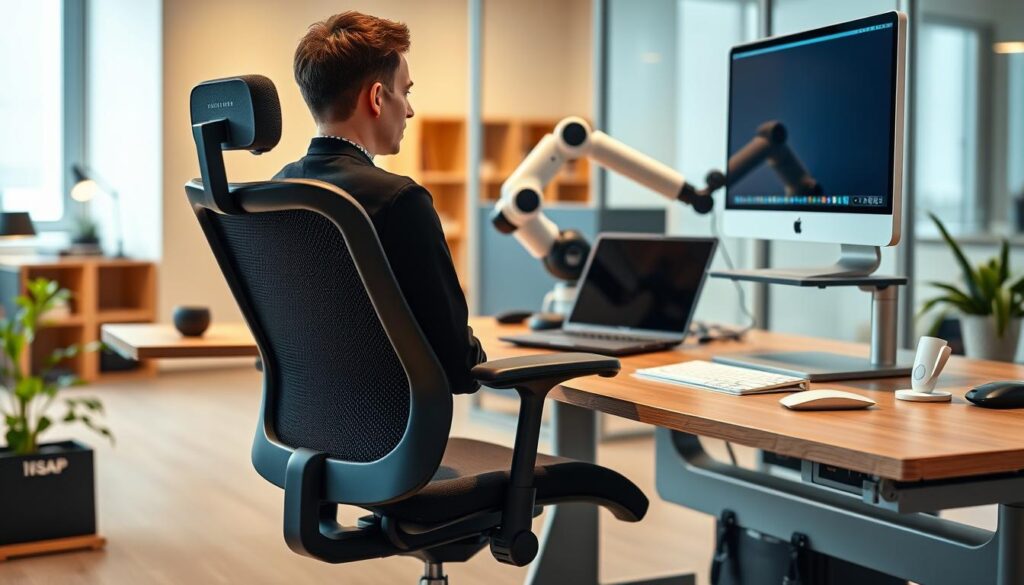 An ergonomic office setting with assistive technologies, showcasing the diverse range of technical aids and work-related support for individuals with disabilities. In the foreground, a height-adjustable desk with a sleek, modern design, complemented by a high-quality ergonomic chair with lumbar support. On the desk, a large, high-resolution computer monitor and a voice-controlled digital assistant. In the middle ground, a robotic arm attached to the desk, offering precision control and enhanced dexterity for complex tasks. The background features a clean, well-lit environment with warm, diffused lighting, creating a calming and productive atmosphere. The overall scene conveys a sense of empowerment, efficiency, and seamless integration of specialized tools to support individuals in their professional endeavors.