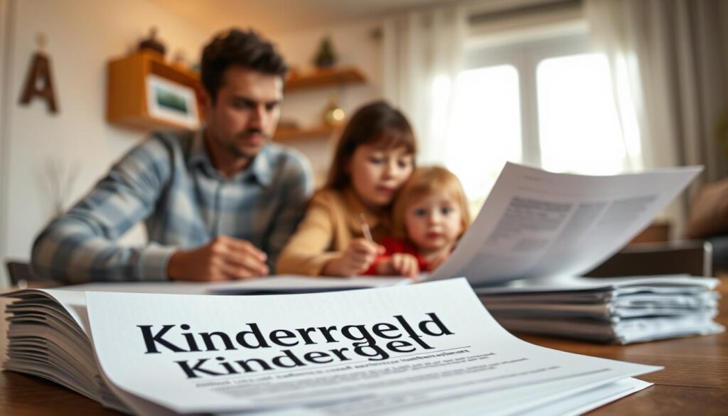 Detailed illustration of the height and disbursement of child allowance. A family sitting at a table, reviewing financial documents and discussing the child allowance they receive. In the foreground, a stack of papers with the German text "Kindergeld" prominent. In the middle ground, the parents and a child, their expressions pensive as they review the paperwork. The background shows a cozy, well-lit domestic setting, suggesting the importance of the child allowance to the family's well-being. Soft, natural lighting illuminates the scene, creating a warm, inviting atmosphere. Lens: 50mm, Aperture: f/2.8, Shutter Speed: 1/125s.