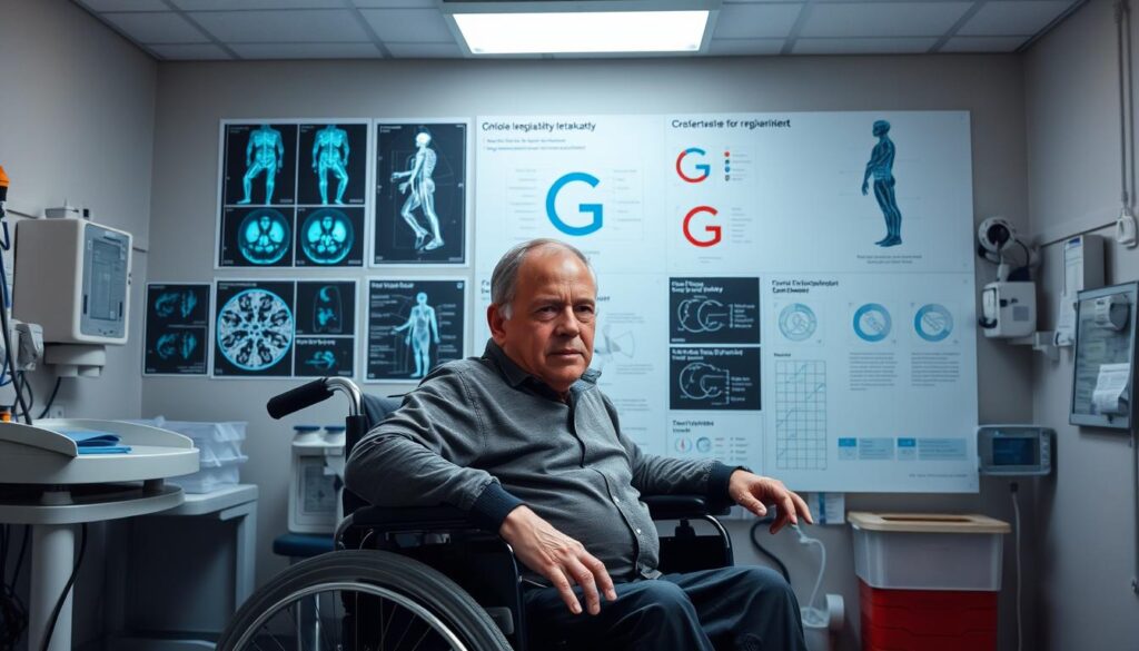 Detailed medical report showcasing the physical requirements for the "G" disability marker in a German ID card. A middle-aged person with a visible physical disability is seated in a wheelchair, positioned in the foreground. They are surrounded by diagnostic imagery, including scans, charts, and technical diagrams that illustrate the specific criteria for obtaining the "G" marker. The background features a clinical, sterile environment with medical equipment and supplies, conveying an authoritative, fact-based atmosphere. Dramatic lighting from above casts shadows and highlights the technical details, creating depth and a sense of importance. The overall tone is informative and matter-of-fact, designed to educate the viewer on the prerequisites for this particular disability designation.