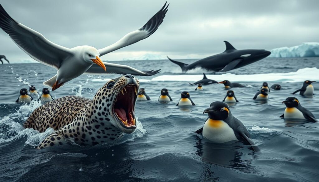 Dramatic wildlife scene depicting the natural enemies of penguins. In the foreground, a fierce leopard seal stalks through the icy waters, its powerful jaws open wide. Overhead, a massive albatross circles ominously, its sharp beak and piercing gaze hinting at the dangers that lurk in the skies. In the distance, a pod of killer whales breach the surface, their massive bodies a testament to the threats that penguins face in their aquatic domain. The scene is illuminated by a moody, overcast lighting that casts deep shadows, heightening the sense of danger and tension. Captured with a wide-angle lens to convey the vast, unforgiving scale of the Antarctic environment.
