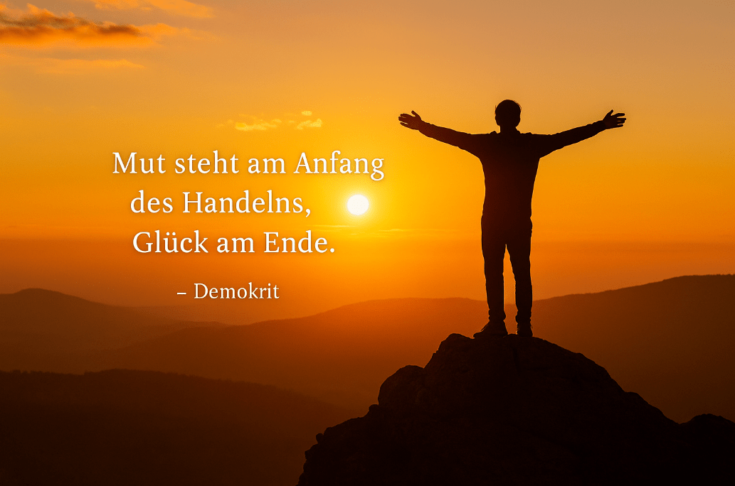 Ein Mensch steht mutig auf einem Felsen beim Sonnenaufgang, dazu Demokrits Zitat: „Mut steht am Anfang des Handelns, Glück am Ende.“