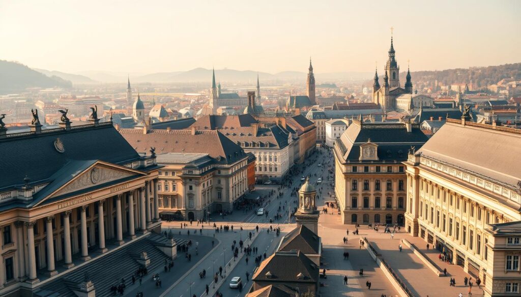 Preußische Verwaltungsstrukturen im Rheinland: A panoramic view of the intricate administrative landscape of Prussia in the Rhineland region. In the foreground, grand neoclassical buildings housing local government offices, adorned with Prussian eagles and columned facades. In the middle ground, busy streets bustling with officials, clerks, and citizens navigating the complex bureaucratic system. In the background, the iconic spires and towers of historic Rhineland towns, reflecting the blend of Prussian authority and local Rhineland heritage. Soft, warm lighting casts a golden glow, evoking a sense of stability and order within the Prussian administrative stronghold. Captured with a wide-angle lens to convey the scale and grandeur of the Prussian administrative presence in the region.