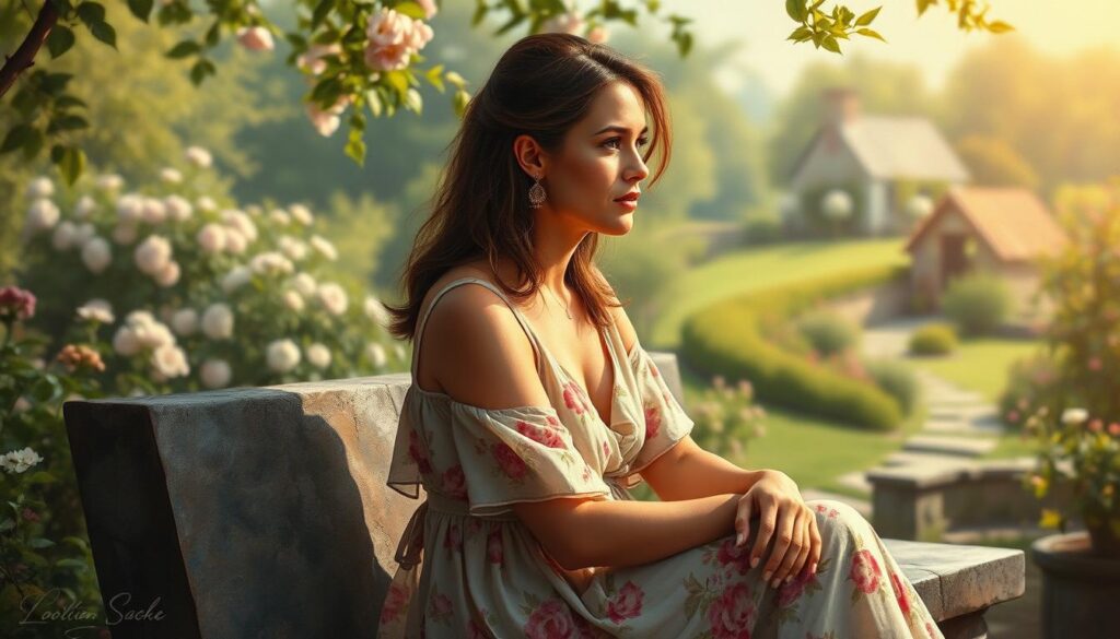 Prompt A romantic oil painting depicting Christina Rusch in a serene, sun-dappled garden. She sits on a stone bench, lost in thought, wearing a flowing floral dress. Her expression is pensive yet tranquil, as if contemplating the joys and challenges of love and relationships. The background features a lush, verdant landscape with blooming flowers and a glimpse of a charming cottage in the distance. Soft, warm lighting casts an ethereal glow, creating an atmosphere of intimacy and introspection. The overall composition conveys a sense of Christina's personal journey through the complexities of love and life.