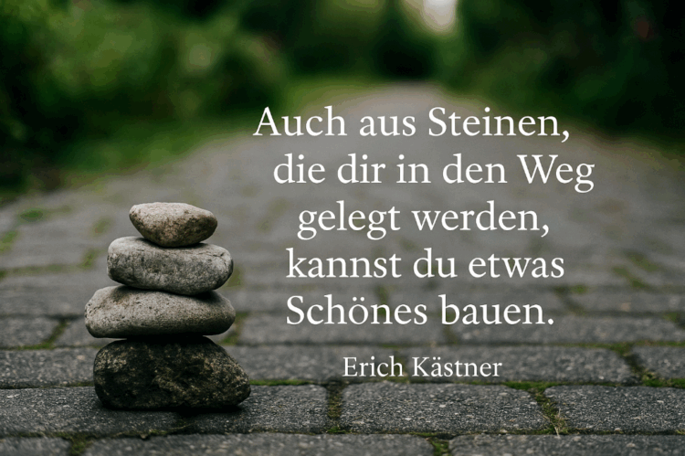 Gestapelte Steine auf einem Weg, daneben das Zitat von Erich Kästner: „Auch aus Steinen, die dir in den Weg gelegt werden…“