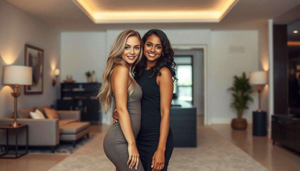 Two young women, Davina and Shania Geiss, posing confidently in a stylish setting. Davina, with her long, wavy blonde hair, stands in the foreground, wearing a chic, form-fitting dress. Shania, her younger sister, stands beside her, her dark curls framing a warm, inviting expression. They are surrounded by a modern, minimalist interior, with clean lines and a neutral color palette that highlights their natural beauty. Soft, directional lighting illuminates their faces, creating a sense of intimacy and sophistication. The overall atmosphere conveys the Geiss family's blend of television fame and business acumen, reflecting the next generation's poise and ambition.