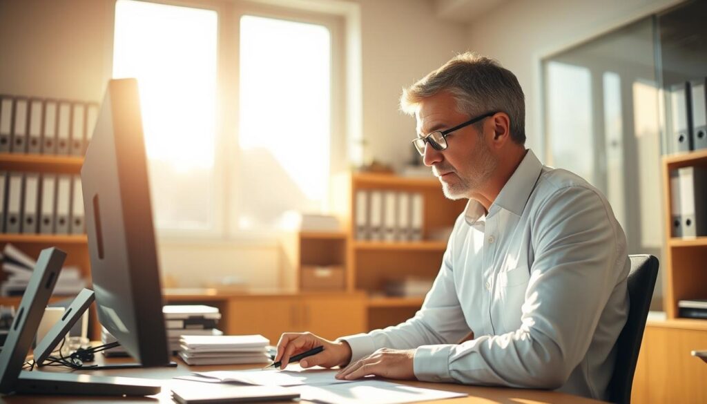 A bright, sun-drenched office interior, with a middle-aged person sitting at a desk, focused on filling out paperwork. The desk is neatly organized, with a computer, pen, and a stack of documents. The person wears professional attire, projecting an air of diligence and efficiency. In the background, shelves line the walls, filled with binders and files, hinting at the organized bureaucracy of the Versorgungsamt. Warm, directional lighting illuminates the scene, creating a welcoming atmosphere that conveys the institution's mission to provide social services. The overall composition emphasizes the straightforward process of applying for assistance, capturing the spirit of the section title "So stellst du einen Antrag beim Versorgungsamt".