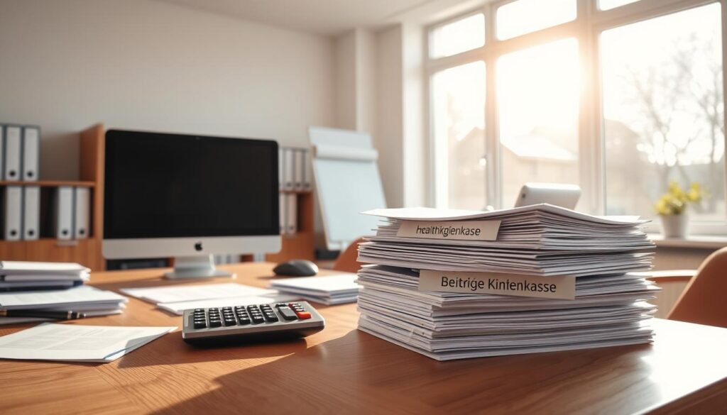 A clean, well-organized office with a wooden desk, neatly stacked documents, and a desktop computer. On the desk, a calculator and a stack of files labeled "Beiträge Krankenkasse". The room is bathed in warm, natural light streaming in through large windows, conveying a sense of professionalism and efficiency. The overall scene evokes the process of calculating healthcare contributions, with an emphasis on attention to detail and financial responsibility.