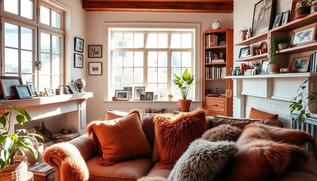 A cozy and inviting living room, with natural light streaming in through large windows. On the mantelpiece, a collection of personal trinkets and photographs, each telling a story. Vibrant, plush throw pillows in earthy tones adorn the sofa, complementing the warm, wooden furniture. In the corner, a potted plant adds a touch of greenery, while artfully arranged books and decorative items on the shelves create a sense of character and individuality. The overall atmosphere is one of comfort, reflection, and a touch of whimsy, reflecting the homeowner's unique style and personality.