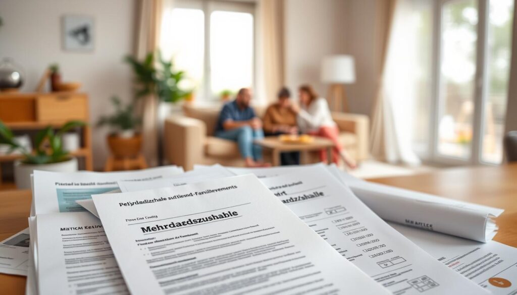A detailed illustration of "Mehrbedarfszuschläge und Familienleistungen" against a softly blurred background. In the foreground, various government documents, financial statements, and family-related paperwork are neatly arranged, conveying the concept of special benefits and allowances. The middle ground features a warm, cozy living room setting with a family sitting together, highlighting the connection between social support and family life. Diffused natural lighting from a large window illuminates the scene, creating a sense of comfort and approachability. The overall mood is one of care, assistance, and the importance of social safety nets for families.