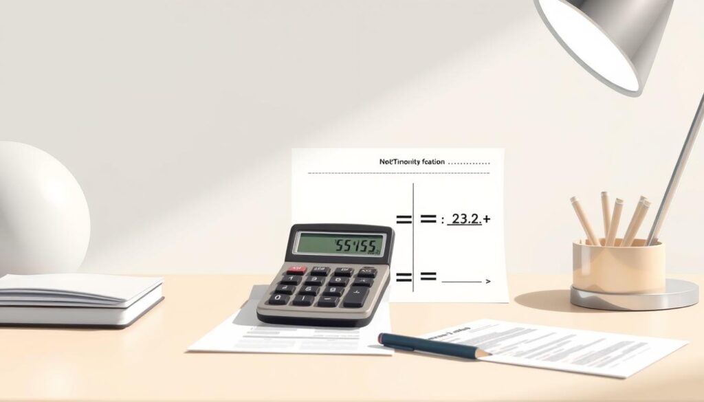 A detailed illustration showcasing the calculation of net compensation for short-time work, with a clean, minimalist aesthetic. A calculator and financial documents are prominently displayed on a modern, neutral-toned desk, illuminated by soft, indirect lighting. The composition emphasizes clarity and precision, with a focus on the step-by-step process involved in determining the amount of short-time work compensation. The overall mood is one of professionalism and attention to detail, reflecting the technical nature of the subject matter.
