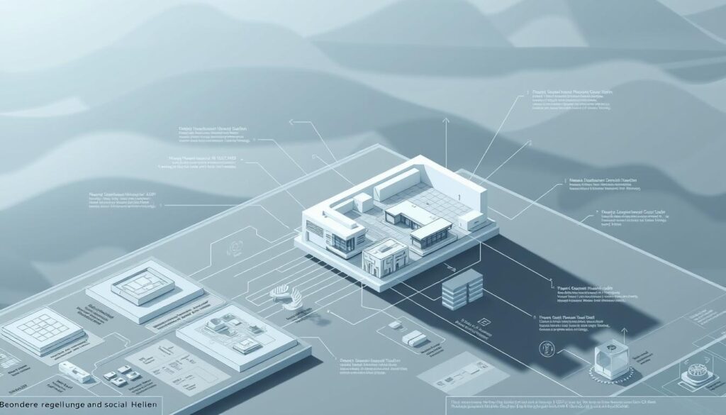 A detailed technical diagram showcasing the U1-Umlage Regelung, a regulation governing the German social security system. The foreground depicts the various components and mechanisms of the system, with clean lines and precise schematics. The middle ground features an isometric cutaway view, revealing the internal workings and data flows. The background offers a contextual landscape, with a muted color palette and subtle gradients to create depth and atmosphere. Lighting is soft and directional, casting subtle shadows to enhance the three-dimensional quality. The overall tone is informative and authoritative, suitable for illustrating the "Besondere Regelungen und Hilfen" section of the article.