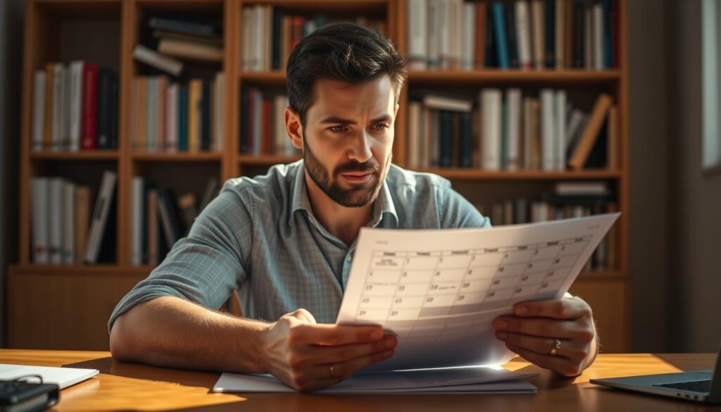 A father sitting at a desk, carefully reviewing documents related to parental leave. The lighting is warm and natural, casting a soft glow on his focused expression. In the middle ground, a calendar prominently displays the days and weeks of his potential leave period. The background features a bookshelf filled with reference materials, hinting at the research and planning involved. The overall atmosphere conveys a sense of contemplation and thoughtful decision-making as the father considers the duration and logistics of his paternity leave.