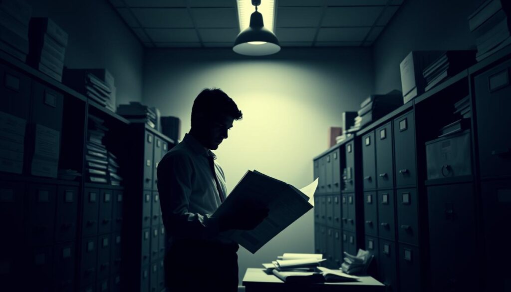 A high-contrast, hyper-realistic image of a person standing in a dimly lit government office, intently studying a stack of forms and documents. The figure's face is in shadow, creating an air of determination and focus. The background is a maze of filing cabinets, legal binders, and bureaucratic paraphernalia, suggesting the complex, labyrinthine nature of maximizing social welfare claims. Soft, dramatic lighting from a single overhead lamp casts sharp shadows, emphasizing the sense of an individual navigating a challenging system. The overall mood is one of strategic contemplation, hinting at the effort required to successfully negotiate the intricacies of social assistance programs.