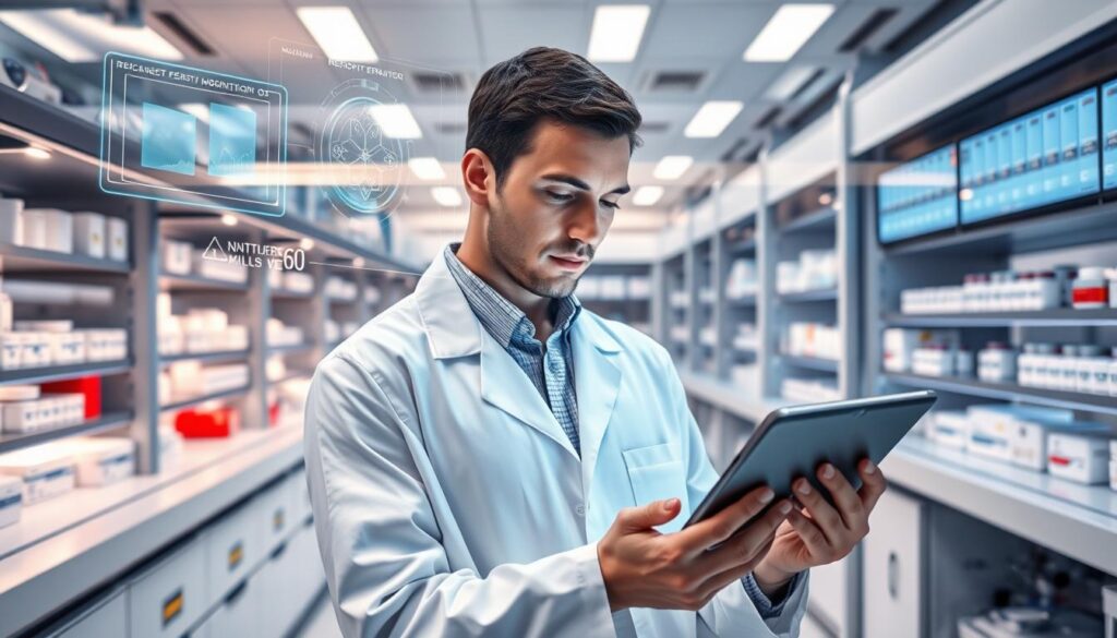 A high-tech medical laboratory with rows of sleek, modern equipment and digital displays. In the foreground, a scientist in a white coat examines a tablet computer, their face illuminated by the soft glow of the screen. Holographic overlays and 3D visualizations project intricate data related to medication monitoring and verification. The background is filled with shelves of neatly organized pharmaceutical samples and supplies, bathed in the cool, clinical lighting of the advanced facility. An atmosphere of precision, innovation, and the cutting edge of medical technology pervades the scene.