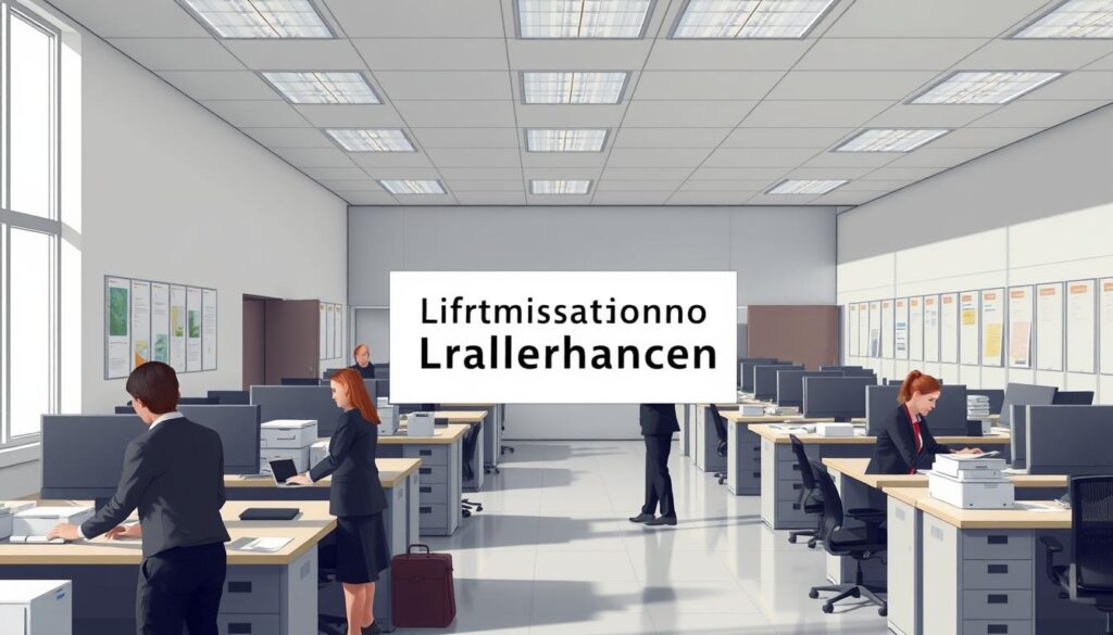 A highly detailed, realistic illustration of a government agency office responsible for administering transitional allowance (Übergangsgeld) benefits. The scene depicts a large, well-lit room with rows of desks, filing cabinets, and computer terminals. Employees in formal attire are assisting citizens at the counters. The atmosphere conveys a sense of professionalism and bureaucratic efficiency, with muted colors and clean, modern design elements. The focal point is a prominent sign or logo indicating the agency's name and role, establishing the image's primary subject matter. The scene is captured from a slightly elevated, angled perspective to provide an expansive, authoritative view of the workspace.