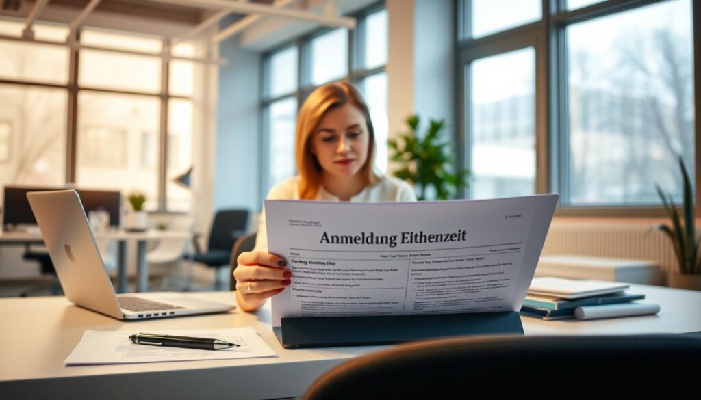 A modern German office interior with a bright, airy atmosphere. In the foreground, a woman sits at a desk, focused on filling out a government form titled "Anmeldung Elternzeit". Her expression is thoughtful, as she carefully reviews the paperwork. The middle ground features a clean, minimalist desk setup with a laptop, pen, and neatly organized documents. The background showcases large windows, allowing natural light to flood the space and create a warm, welcoming ambiance. The overall scene conveys a sense of professionalism and efficiency, reflecting the importance of properly filing for parental leave.