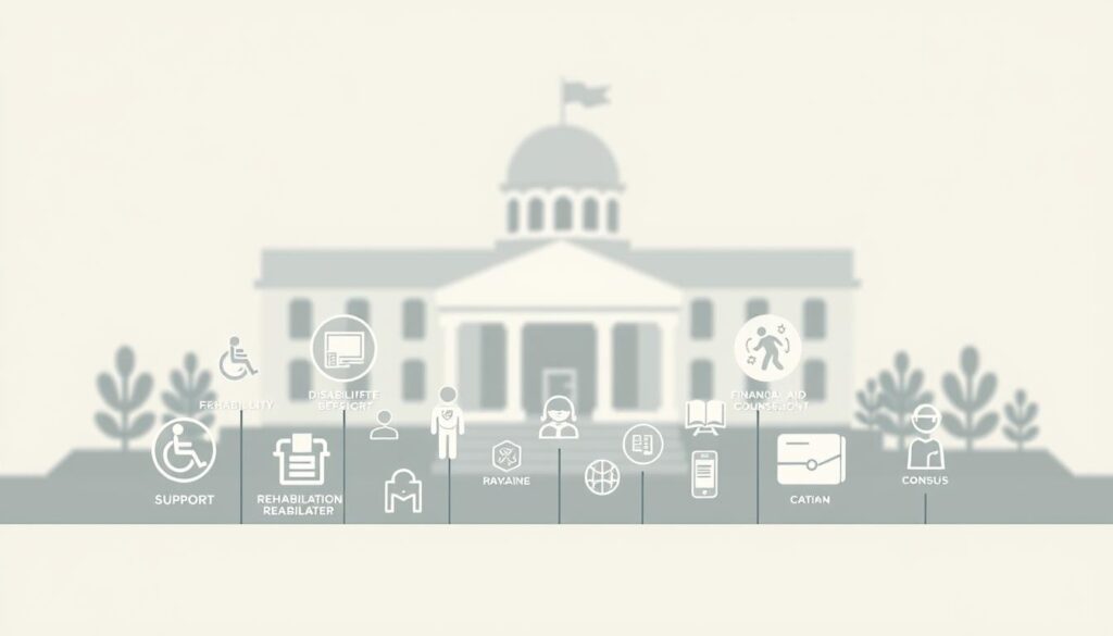 A modern, minimalist illustration showcasing the key services and benefits provided by the Versorgungsamt. In the foreground, detailed icons and symbols representing various social welfare programs and assistance measures, including disability support, rehabilitation, financial aid, and counseling services. The middle ground features a clean, geometric layout with subtle gradients, creating a sense of organization and accessibility. The background subtly implies a government or institutional setting, with muted colors and a slight sense of depth, emphasizing the official and authoritative nature of the Versorgungsamt. The overall composition conveys a welcoming, informative, and user-friendly atmosphere, encouraging the viewer to explore the comprehensive range of services available.