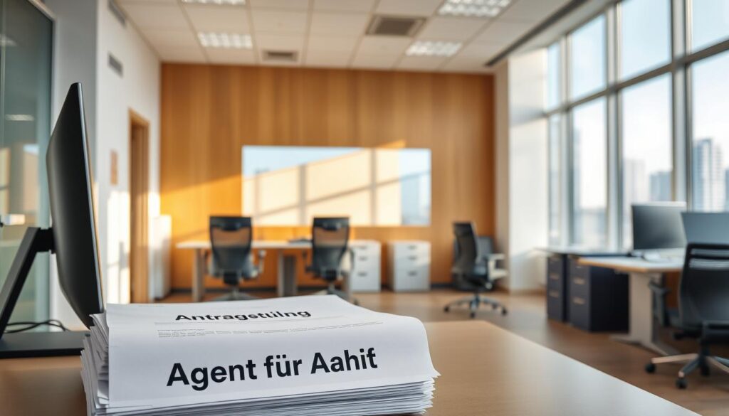 A modern office interior with a clean, minimalist aesthetic. In the foreground, a desk with a computer and a stack of documents labeled "Antragstellung Agentur Arbeit". Behind it, a well-lit workspace with ergonomic chairs and filing cabinets. The middle ground features a warm, wooden accent wall, while the background showcases floor-to-ceiling windows overlooking a city skyline. The overall atmosphere is professional, efficient, and conveys the process of applying for unemployment benefits through the local employment agency.