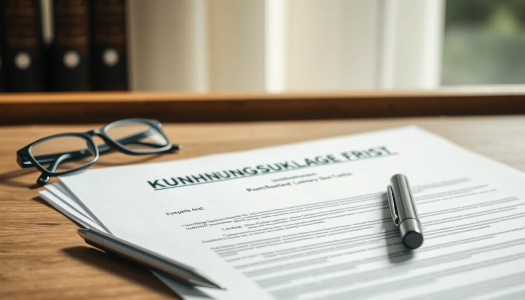 A realistic legal document titled "Kündigungsschutzklage Frist" resting on a wooden desk, with a pen and glasses nearby. The document is neatly organized, with clean lines and a professional appearance, conveying the gravity of the situation. The lighting is soft and natural, creating a contemplative atmosphere. The background is blurred, drawing the viewer's attention to the central document, which represents a crucial step in the "Praktische Schritte nach Erhalt der Kündigung" process. The overall scene evokes a sense of careful consideration and legal expertise, reflecting the subject of "Krankheitsbedingte Kündigung: Was du wissen musst."