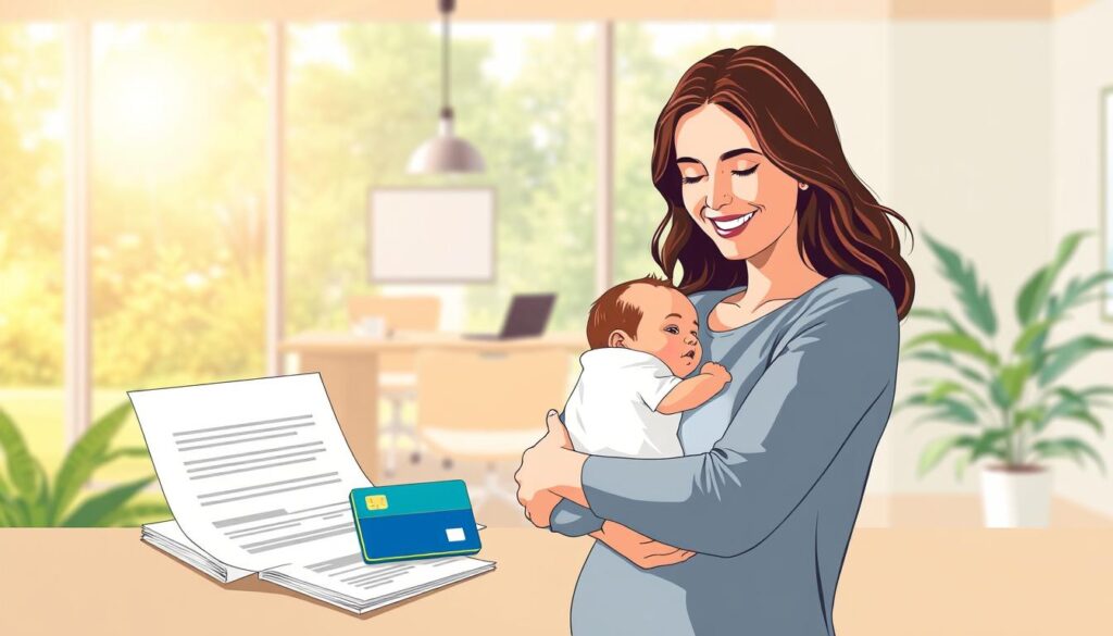A seamless transition from Mutterschaftsgeld to Elterngeld, depicted in a crisp, realistic illustration. The image shows a woman, face radiant with joy, cradling her newborn in her arms. In the foreground, official-looking documents and a bank card symbolize the financial support during this pivotal life stage. The middle ground features a clean, modern office interior with a warm, inviting palette, conveying a sense of guidance and expertise. The background showcases a serene, sun-dappled garden, evoking a peaceful, nurturing atmosphere. Soft, natural lighting and a shallow depth of field draw the viewer's focus to the central narrative. This comprehensive visual captures the essence of transitioning from Mutterschaftsgeld to Elterngeld, a significant milestone for new families.