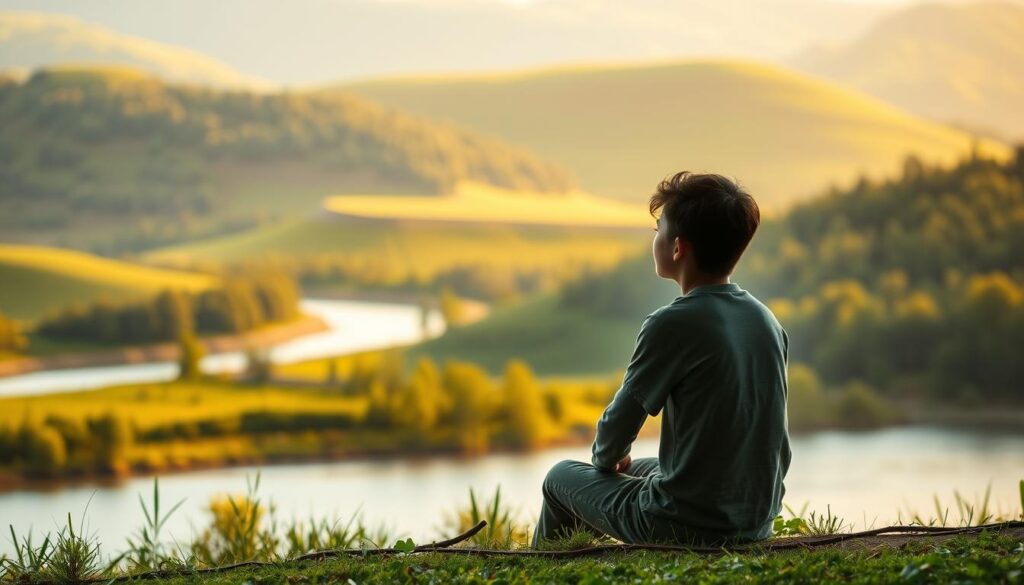 A serene and contemplative scene depicting the duration of Waisenrente, or orphan's pension. In the foreground, a young person sitting peacefully, lost in thought, symbolizing the recipient of the pension. The middle ground features a lush, verdant landscape with rolling hills and a tranquil river, conveying a sense of stability and enduring support. The background is softly lit, with a warm, golden glow, evoking a feeling of comfort and security. The overall composition is balanced and harmonious, suggesting the steady and reliable nature of the Waisenrente benefits. The lighting is subtle and diffused, creating a calming and introspective atmosphere.