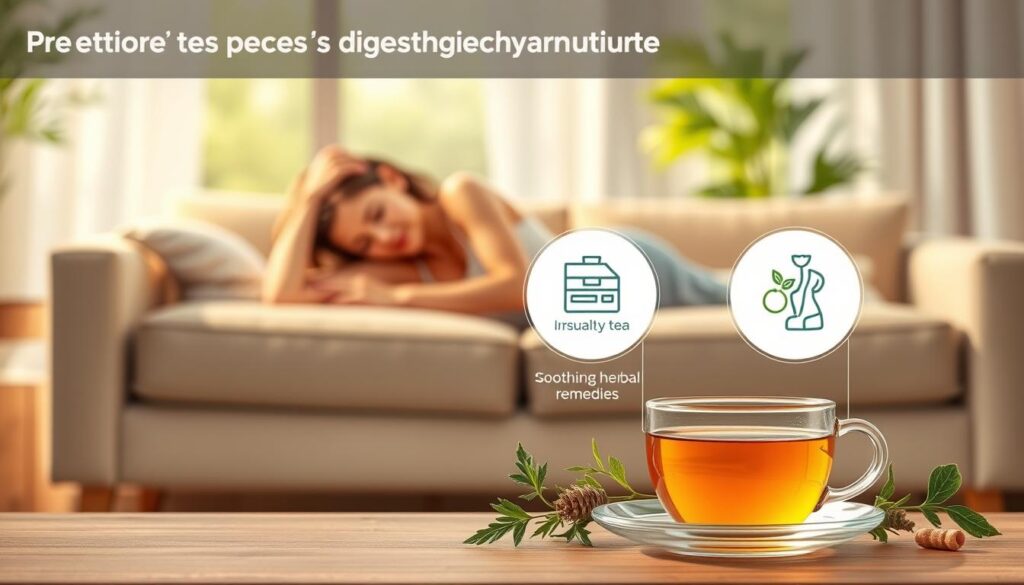 A serene illustration of preventive measures for gastrointestinal cramps. Depict a person resting comfortably on a couch, with a warm cup of tea and a plate of soothing herbal remedies in the foreground. In the middle ground, display visual cues for healthy dietary choices and stress management techniques. The background should feature a calming, nature-inspired setting with soft lighting, emphasizing the importance of a holistic approach to preventing digestive discomfort. Convey a sense of tranquility and well-being through the composition and color palette.