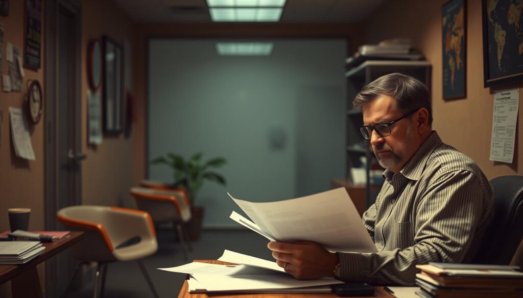 A small office interior, dimly lit with warm, muted tones. In the foreground, a weary-looking business owner sits at a cluttered desk, brow furrowed as they ponder paperwork and employment contracts. The middle ground features a few simple chairs and a potted plant, conveying a sense of the limited resources in a small enterprise. The background is hazy, suggesting the legal complexities and uncertainties surrounding employee protections in this setting. The overall atmosphere is one of quiet contemplation and the challenges faced by small businesses navigating employment laws.