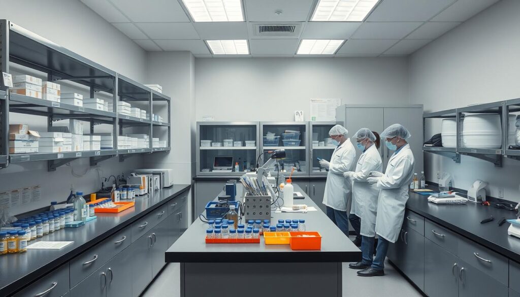 A sterile, well-lit laboratory interior, with a central counter displaying various medical equipment and vials of controlled substances. Stainless steel shelves along the walls hold labeled containers and documentation. Beside the counter, a team of scientists in white lab coats and protective gear carefully measure and handle the substances, following strict safety protocols. The atmosphere is clinical, with a sense of precision and attention to detail, conveying the importance of proper procedures for handling potent medications.