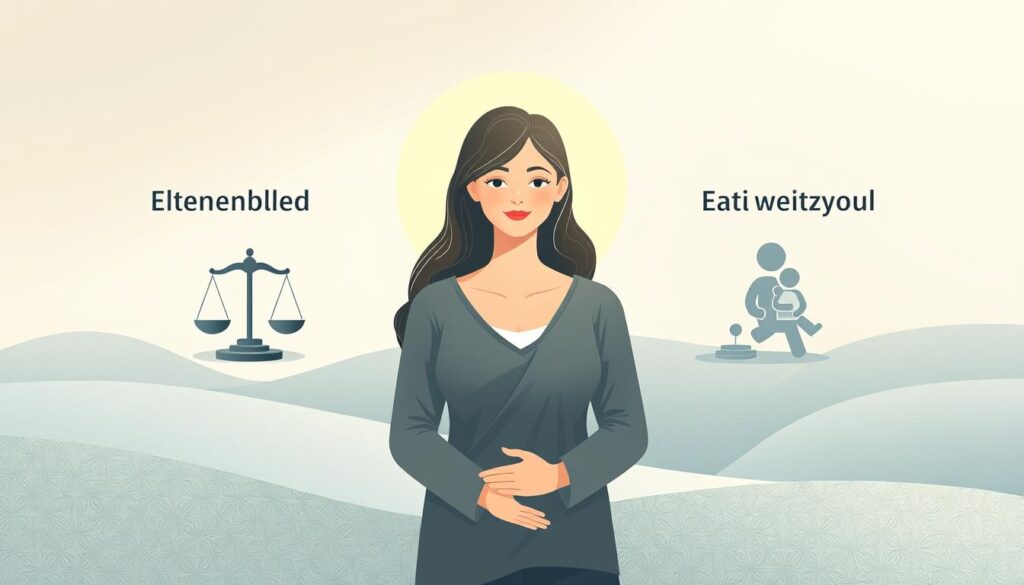 A stylized illustration depicting the interplay between Elterngeld (parental allowance) and Elternzeit (parental leave) in Germany. The composition features a central figure, a young mother, surrounded by symbolic elements that represent the legal and financial aspects of these two interrelated benefits. The mother is rendered with a warm, caring expression, conveying the nurturing essence of parenthood. The background showcases a serene, minimalist landscape, with subtle patterns and textures that evoke a sense of balance and harmony. The lighting is soft and diffused, creating a contemplative, almost ethereal atmosphere. The overall visual style blends realism with abstract, diagrammatic elements to clearly communicate the key concepts without relying on text overlays.