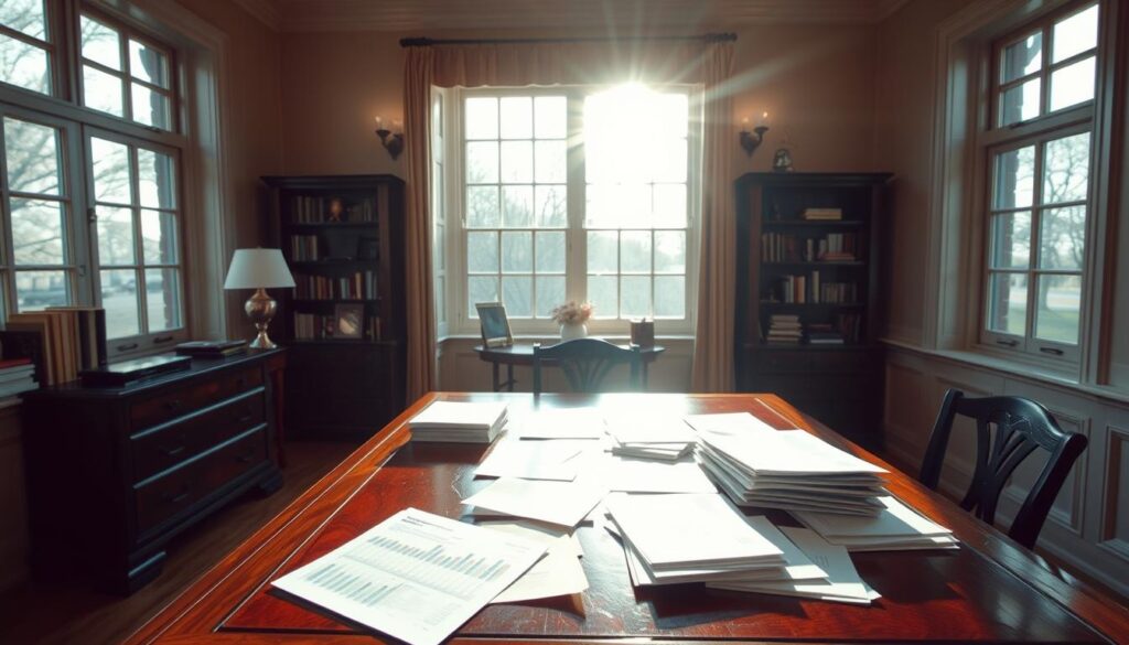 A tranquil study, sunlight streaming through large windows, illuminating a polished wooden desk. On the desktop, various financial documents and papers are neatly arranged, representing the boundaries of personal wealth during a period of transition. The room's warm, muted tones create a sense of contemplation, as if the viewer is considering the implications of these asset limitations. The scene conveys a thoughtful, introspective atmosphere, inviting the observer to ponder the nuances of financial stability during a time of change.