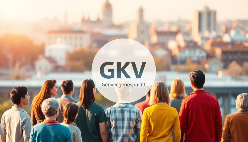 A vibrant illustration of the concept of "Versicherungspflicht GKV". In the foreground, a group of diverse individuals representing different demographics stand together, symbolizing the compulsory nature of the German public health insurance system. The middle ground features a prominent graphic representation of the "GKV" (Gesetzliche Krankenversicherung) logo, rendered in a clean, modern style. The background showcases a softly blurred cityscape, hinting at the broader context of healthcare and social security within Germany. The overall scene is illuminated by warm, diffused lighting, conveying a sense of inclusivity and accessibility. The composition is balanced and visually engaging, effectively capturing the essence of the "Versicherungspflicht" concept.