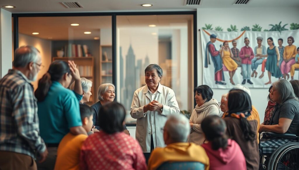 A warm, compassionate scene depicting support for refugees and those in unique life situations. In the foreground, a diverse group of people - families, the elderly, and individuals with disabilities - gather around a central figure offering aid and comfort. The middle ground features a modern social services office, its windows reflecting the city skyline beyond. Soft, diffused lighting creates an atmosphere of empathy and understanding. In the background, a mural or wall hanging showcases vibrant imagery representing cultural unity and shared humanity. The overall composition conveys a sense of community, inclusivity, and the vital role of the social welfare system in supporting those facing extraordinary challenges.