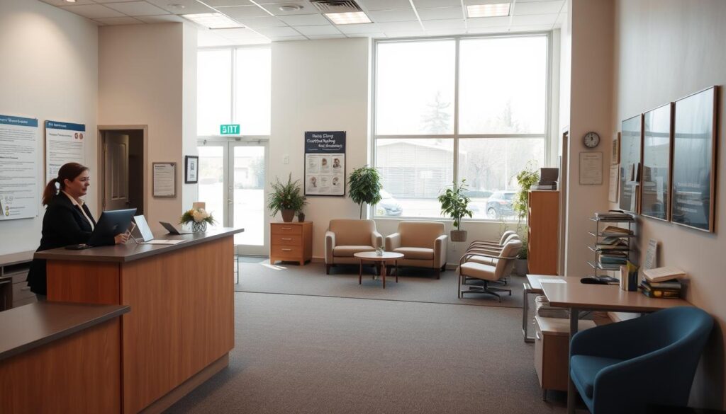 A well-lit, clean and professional-looking interior of a social services office. In the foreground, a reception desk with a friendly attendant ready to assist visitors. On the walls, informational posters and signs indicating the various services and counseling available. The middle ground features comfortable seating areas where people can wait or have private conversations with caseworkers. The background showcases large windows allowing natural light to fill the space, creating a welcoming and open atmosphere. The overall scene conveys a sense of order, efficiency and care, inviting the viewer to seek the necessary support and guidance from the social welfare institution.