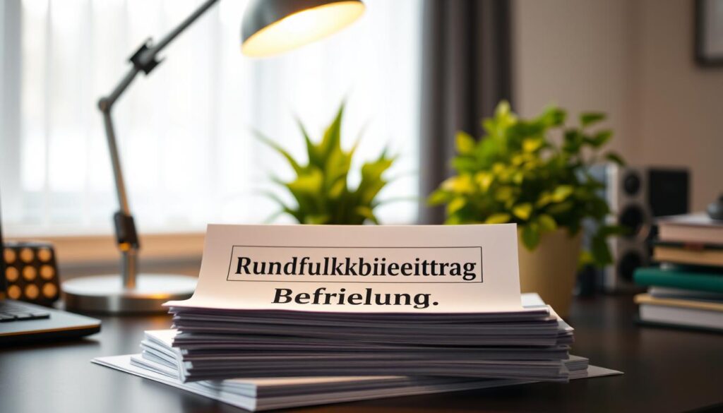 A well-organized desk with a neat stack of legal documents labeled "Rundfunkbeitrag Befreiung" in the center. The documents are surrounded by a modern desk lamp casting a warm glow, and a potted plant adds a touch of greenery. The background is a slightly blurred, clean workspace, emphasizing the importance of the documents. The overall atmosphere is one of professionalism and attention to detail, reflecting the seriousness of the subject matter.