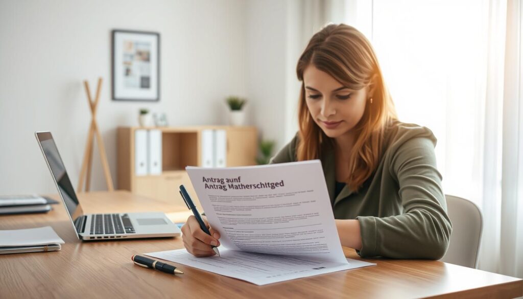 A well-organized office desk with a laptop, pen, and documents neatly arranged, illuminated by warm, natural light streaming through a large window. In the foreground, a woman's hands carefully filling out an official-looking form titled "Antrag auf Mutterschaftsgeld". The expression on her face is focused and determined, reflecting the importance of this task. The background features minimalist decor, creating a serene and professional atmosphere. The overall composition conveys a sense of efficiency, attention to detail, and the significance of this particular application process.