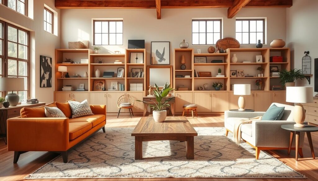An expansive living room showcasing a diverse range of interior design styles. In the foreground, a mid-century modern sofa and armchair in warm, earthy tones sit atop a plush, geometric area rug. In the middle ground, a rustic wooden coffee table is flanked by Scandinavian-inspired side tables and minimalist lamps. The back wall features built-in shelving displaying an eclectic mix of modern, traditional, and industrial decor elements. Warm, natural lighting filters in through large windows, creating a cozy and inviting atmosphere. The overall scene conveys a harmonious blend of various interior design aesthetics, inspiring the viewer to explore and discover their personal style.