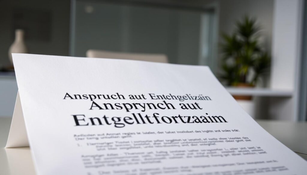 An official-looking document with a formal, legal appearance, showcasing the title "Anspruch auf Entgeltfortzahlung" in a prominent, authoritative font. The document is set against a backdrop of a modern, minimalist office environment, with a desk, chair, and potted plant visible in the background. The lighting is soft and directional, creating a sense of professionalism and attention to detail. The document is the focal point, with a clean, uncluttered composition that emphasizes its importance and the subject matter. The overall mood is one of seriousness, reliability, and the assurance of legal rights and entitlements.