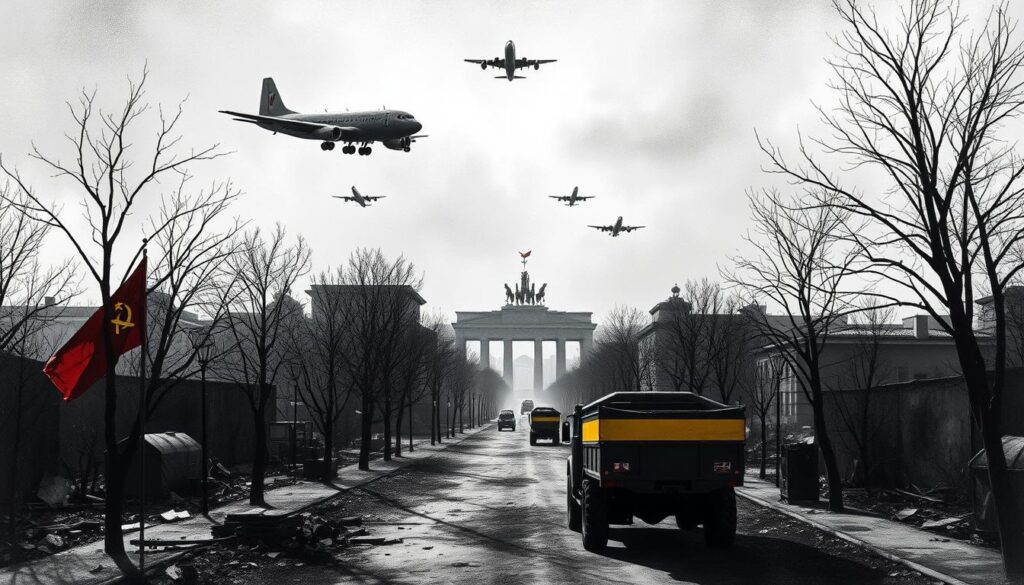 A Berlin cityscape in the midst of the Cold War, the Luftbrücke (Berlin Airlift) soars overhead, planes delivering vital supplies to the isolated city. Rubble-strewn streets, barren trees, and a somber, monochromatic palette set the tone of this historic moment. Occasional splashes of color - the red star on a Soviet flag, the yellow band of a military vehicle - punctuate the otherwise grim scene. Dramatic shadows cast by the planes above lend an air of tension and uncertainty, reflecting the precarious political situation. The image captures the resilience and determination of Berliners as they face this first major crisis of the Cold War. A Berlin cityscape in the midst of the Cold War, the Luftbrücke (Berlin Airlift) soars overhead, planes delivering vital supplies to the isolated city. Rubble-strewn streets, barren trees, and a somber, monochromatic palette set the tone of this historic moment. Occasional splashes of color - the red star on a Soviet flag, the yellow band of a military vehicle - punctuate the otherwise grim scene. Dramatic shadows cast by the planes above lend an air of tension and uncertainty, reflecting the precarious political situation. The image captures the resilience and determination of Berliners as they face this first major crisis of the Cold War.