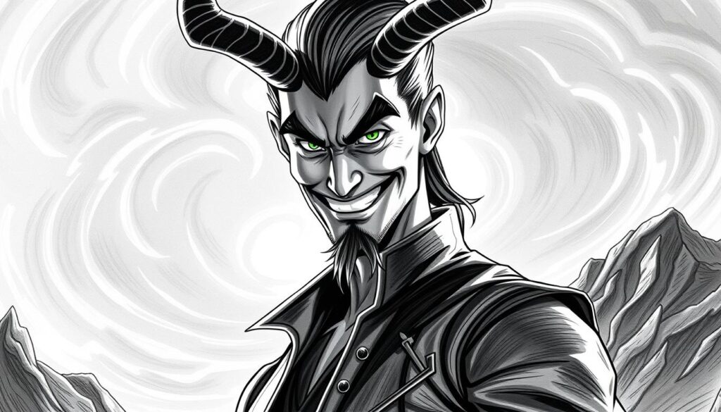 A Norse deity with a mischievous grin, Loki, the Trickster God, stands tall in a dramatic black and white illustration. His lean, angular features are highlighted by soft, dramatic lighting, casting intriguing shadows across his face. The god's piercing gaze is enhanced by a subtle touch of vibrant green, hinting at his cunning and unpredictable nature. In the background, a swirling, ethereal landscape evokes the mythical realm of Asgard, the domain of the Norse gods. Loki's attire, a sleek, form-fitting leather ensemble, adds to his air of sly sophistication. The image captures the essence of this captivating figure, the ultimate embodiment of the Germanic myths' trickery and chaos.