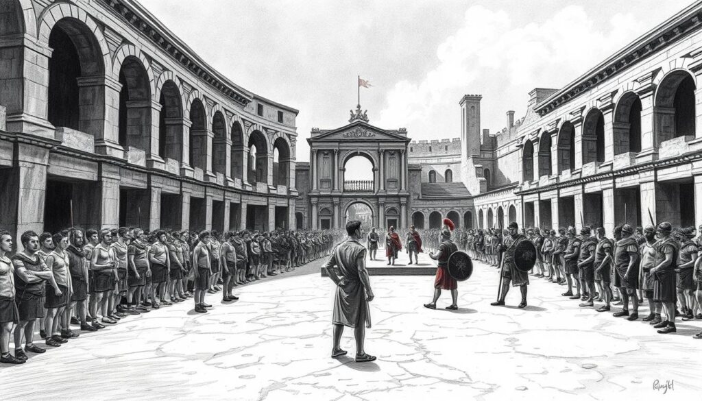 A bleak and imposing Roman amphitheater, its stone arches casting long shadows. In the foreground, a group of men in tattered clothes stand reluctantly before stern-faced guards, their faces etched with fear and resignation - the conscripted recruits for the gladiator arena. The middle ground reveals a bustling scene, with guards herding the new fighters and onlookers watching with a mix of anticipation and dread. In the background, the towering walls and imposing gates of the imperial palace loom, a symbol of the absolute power that demands these men sacrifice their freedom and lives for the entertainment of the masses. The scene is rendered in stark black and white, with only the occasional splash of color - the glint of a sword, the crimson of a uniform, the golden embellishments of the palace - drawing the eye and heightening the sense of foreboding.