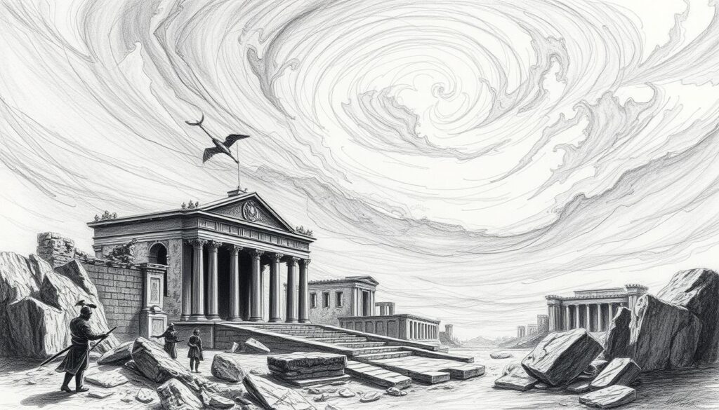 A bleak, monochromatic landscape depicts the decline of the once-mighty Persian Empire. In the foreground, the crumbling ruins of grand structures stand as a testament to a fallen civilization, their intricate details rendered in striking shades of graphite. The middle ground is dominated by a swirling, turbulent sky, capturing the sense of upheaval and instability that marked the empire's final days. Occasional bursts of color, like the gleam of a sword or the flutter of a tattered banner, add a touch of melancholy to the scene. The overall mood is one of somber reflection, inviting the viewer to contemplate the fragility of even the most powerful empires.