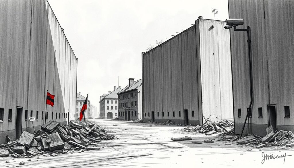 A bleak, monochromatic landscape of post-war Germany, the division of the nation palpable in the sparse, crumbling architecture and barren streets. Towering concrete walls bisect the scene, casting long shadows over the rubble-strewn ground. Occasional splashes of color - a vibrant red flag, the gleam of a surveillance camera - punctuate the otherwise somber, pencil-sketched palette. The atmosphere is one of unease and uncertainty, a nation torn asunder, its future uncertain. Capture the weight of history, the profound impact of conflict, and the fragile hope for renewal.