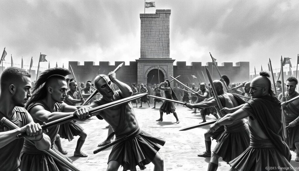 A bustling Gladiator Training School in ancient Rome, with recruits of diverse backgrounds diligently honing their combat skills under the watchful eye of seasoned instructors. In the foreground, trainees clash with wooden swords, their faces etched with determination. The middle ground reveals a group of students practicing evasive maneuvers, their movements fluid and graceful. In the background, a towering stone structure stands as a testament to the discipline and rigor of this institution, the training grounds bathed in a soft, chiaroscuro lighting that casts dramatic shadows. The overall atmosphere conveys a sense of discipline, focus, and the weight of the students' potential fate in the arena. Rendered in a striking black and white palette, with subtle hints of color accentuating key details.