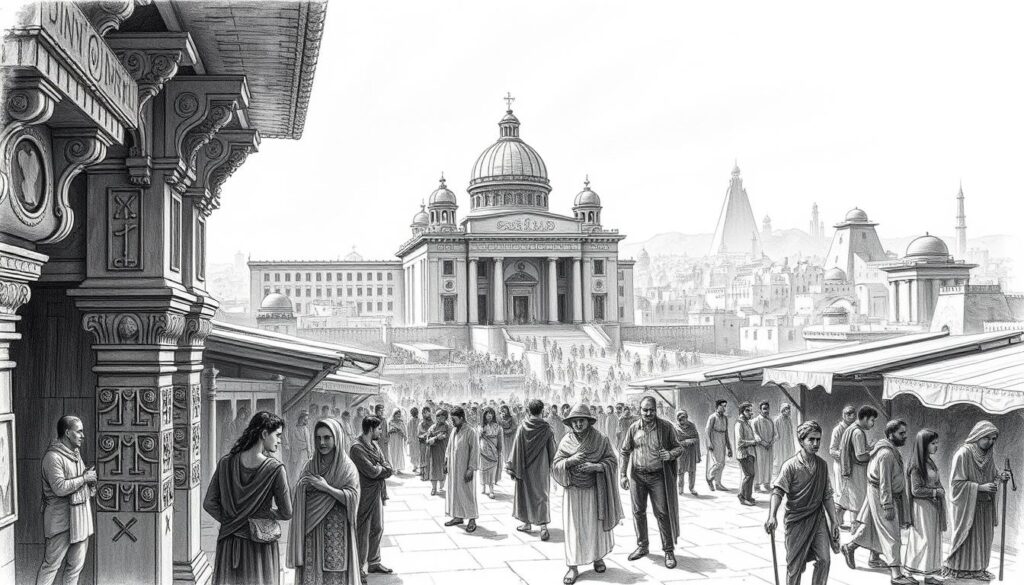 A bustling ancient Babylonian marketplace, bustling with activity. In the foreground, intricate stonework and carved architectural details draw the eye. Merchants haggle and barter, their garments and wares rendered in a mix of monochrome and subtle color accents. In the middle ground, the imposing presence of a grand administrative building, its façade adorned with symbolic carvings and hieroglyphics. The background fades into a hazy, dreamlike cityscape, with domed temples and towering ziggurats silhouetted against a clouded sky. The scene evokes a sense of historic grandeur and the complex interplay of commerce, governance, and the customs of ancient Babylon.