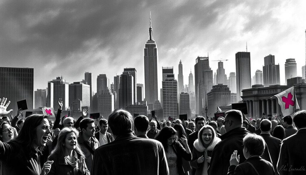 A bustling cityscape of New York, rendered in a stark black and white palette with vibrant pops of color. In the foreground, a group of people gesticulating animatedly, their expressions conveying a range of emotions - from outrage and anguish to cautious optimism. The middle ground is dotted with silhouettes of onlookers, their stances conveying a sense of engagement and concern. In the background, the iconic skyline of the city looms, its towering skyscrapers casting long shadows, creating a moody, atmospheric setting. The lighting is dramatic, with sharp contrasts and dramatic shadows, lending a sense of gravity and weight to the scene. The overall tone is one of raw, emotive response, capturing the visceral reactions and the far-reaching impact of the judicial decision.