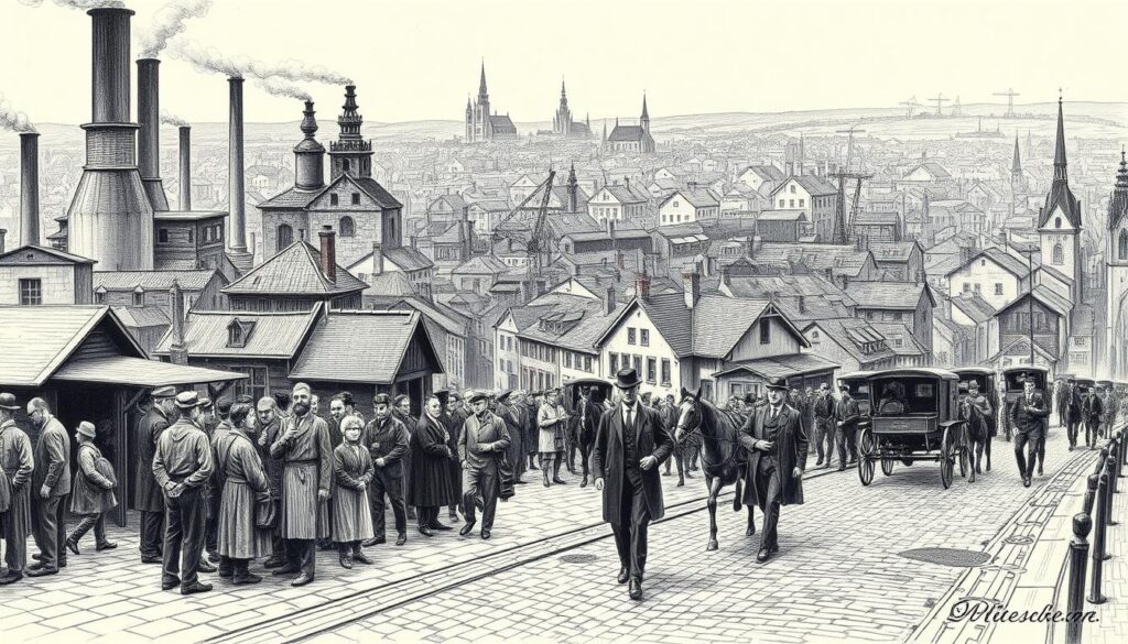 A bustling cityscape of the German Kaiserreich, with towering factories belching smoke, crowded tenement buildings, and horse-drawn carriages navigating the cobbled streets. In the foreground, workers in ragged clothing queue outside a factory, while in the middle ground, well-dressed businessmen hurry past. In the background, a sprawling urban landscape stretches out, punctuated by the spires of churches and the silhouettes of cranes. The scene is rendered in a stark black and white palette, with only occasional splashes of color - the red of a factory roof, the yellow of a streetlamp, the blue of a worker's shirt. The overall atmosphere is one of rapid change, industrialization, and the social tensions that accompanied the transformation of Germany during this era.